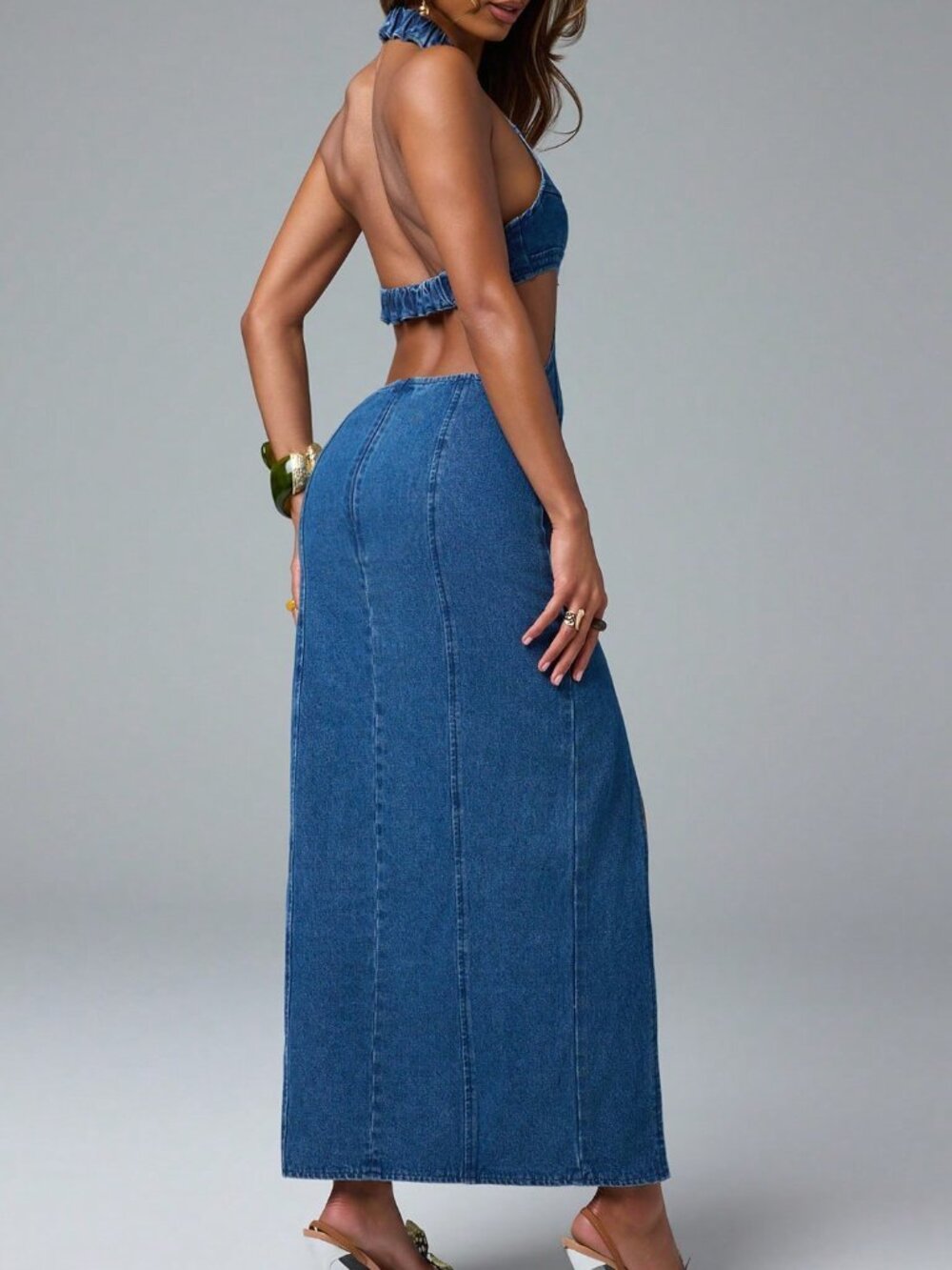 Dark Wash Sexy Women's Denim Maxi Halter Dress with Deep Plunge - Picture 2 of 7